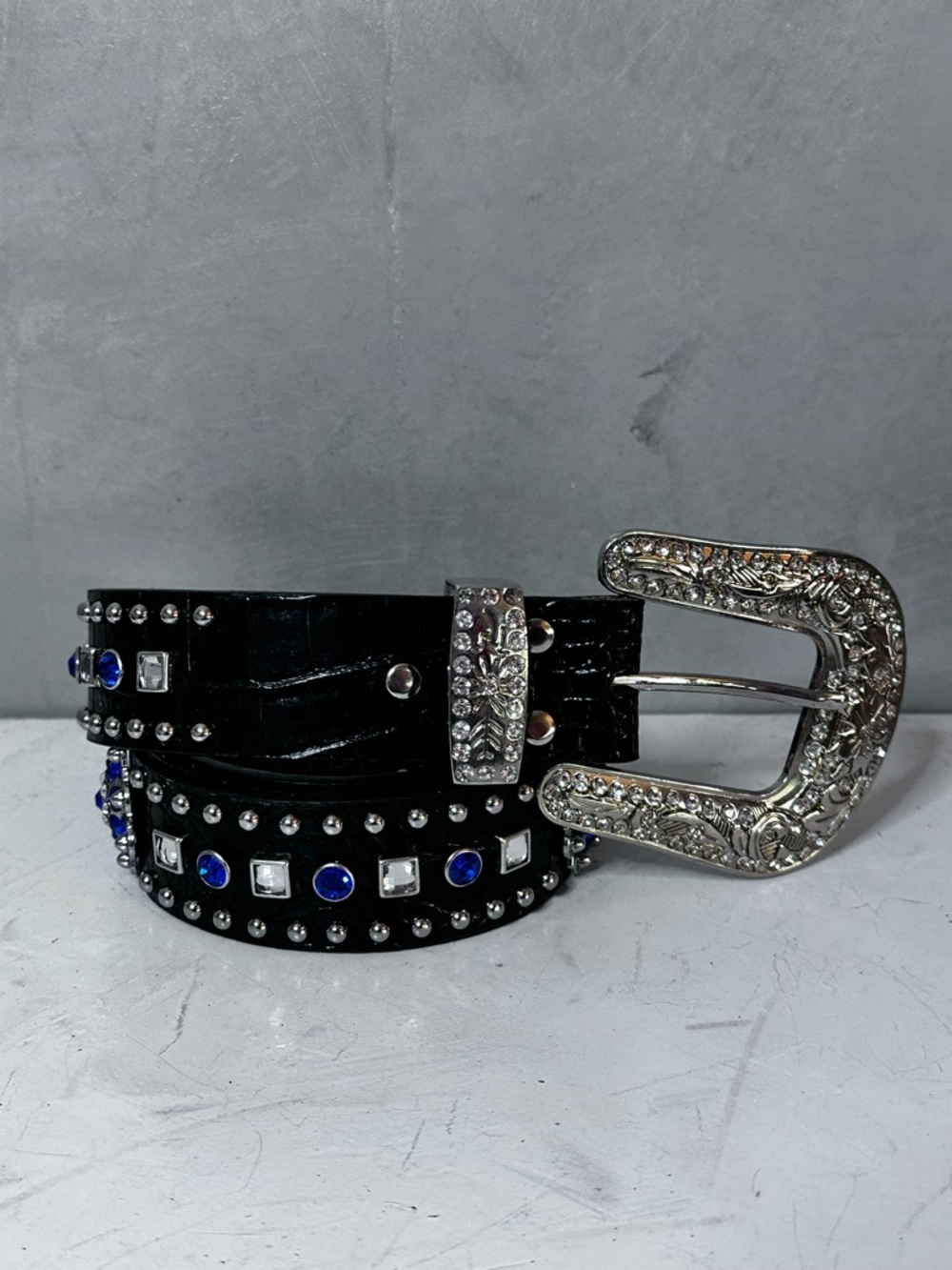 NOCONA RHINESTONE BELT BLUE BLACK SILVER MEDIUM - Picture 3 of 12